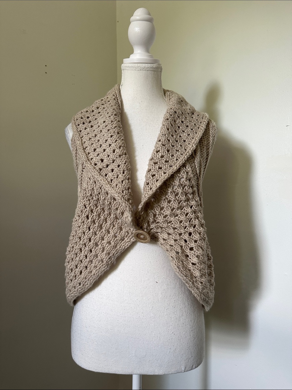 HANDMADE Tan Crochet Knit Boho Artisan Cottagecore Sleeveless Cardigan/Shrug
